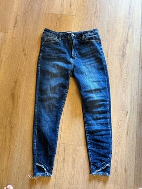 KanCan Dark Blue Cropped Ankle Jeans with Frayed Hem